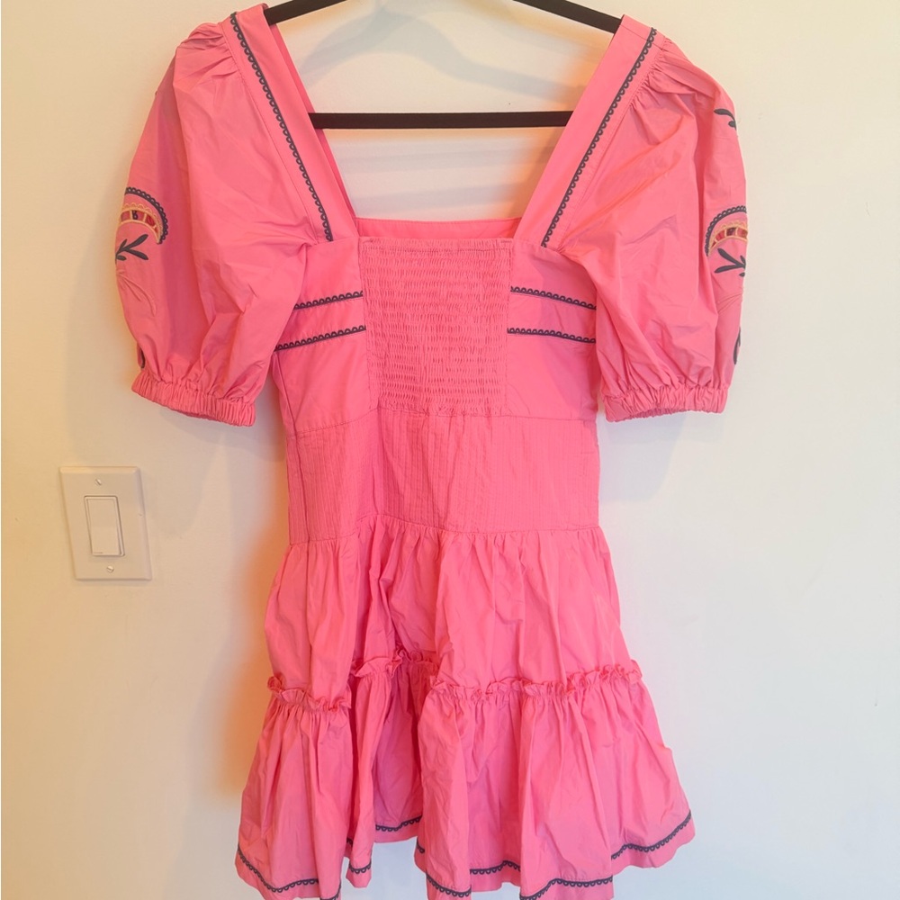 Kids Pink Puff-Sleeve Tiered Casual Dress